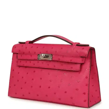 HERMÈS Hermes Kelly Pochette Rose Tyrien Ostrich Palladium Hardware | Thumbnail 5