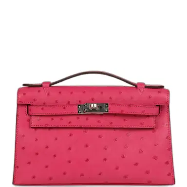 HERMÈS Hermes Kelly Pochette Rose Tyrien Ostrich Palladium Hardware | Thumbnail 1
