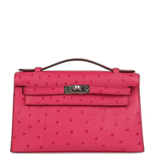 hermes Hermes Kelly Pochette Rose Tyrien Ostrich Palladium Hardware