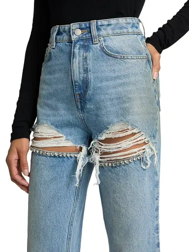 AREA Women's Crystal Fray Slit Jeans - Medium Blue - Size 29 | Thumbnail 6