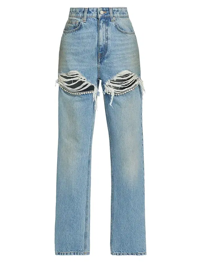 Women's Crystal Fray Slit Jeans - Medium Blue