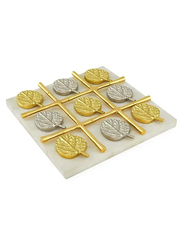Tizo Bamboo Leaf Silver & Gold Marble Tic Tac Toe Board