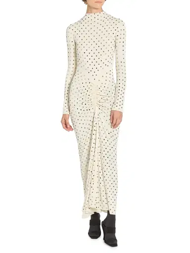 ALAIA Women's Embellished Draped Long-Sleeve Jersey Dress - Pannacotta Crystal | Thumbnail 3