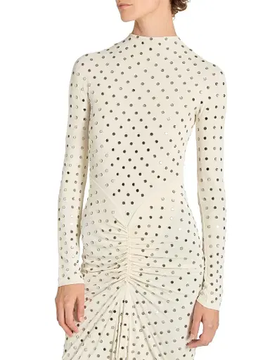 ALAIA Women's Embellished Draped Long-Sleeve Jersey Dress - Pannacotta Crystal | Thumbnail 6