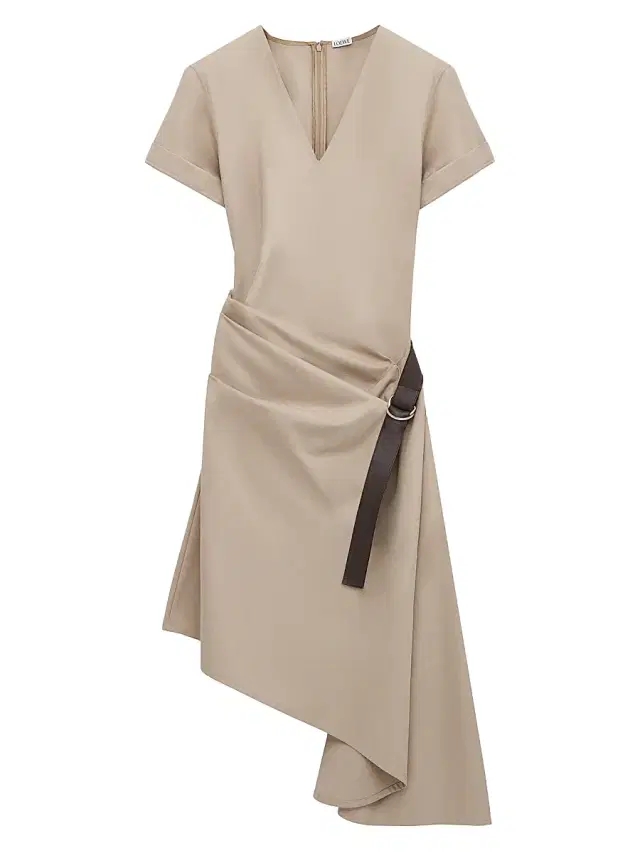 Women's Belted Asymmetric Cotton-Blend Midi-Dress - Beige