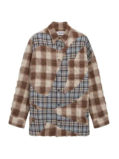 Loewe Men's Patchwork Wool-Cotton Plaid Shirt - Brown Grey - Size 34 | Thumbnail 1 Loewe Men's Patchwork Wool-Cotton Plaid Shirt - Brown Grey - Size 34 | Thumbnail 1