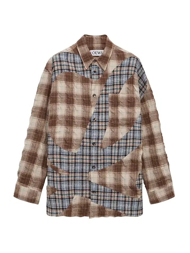 LOEWE Men's Patchwork Wool-Cotton Plaid Shirt - Brown Grey