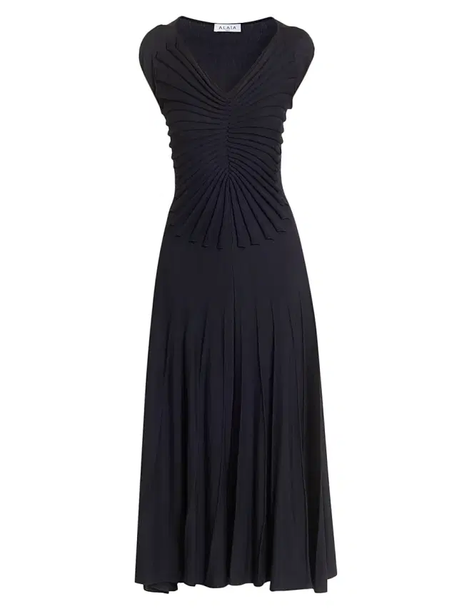Women's V Sculpt Pleated Wool Midi-Dress - Minuit