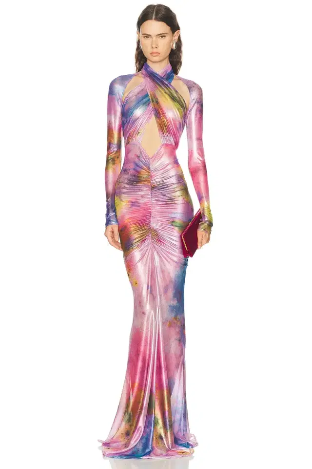 LaPointe Printed Metallic Mesh Halter Ruched Gown