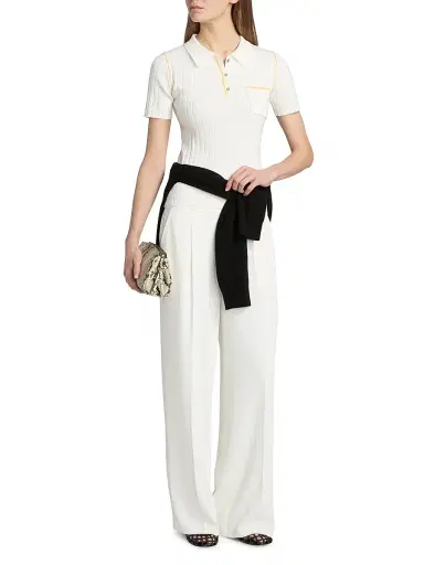 Elie Tahari Women's The Stevie Rib-Knit Polo Shirt - Sky White With Golden Hour | Thumbnail 2 Elie Tahari Women's The Stevie Rib-Knit Polo Shirt - Sky White With Golden Hour | Thumbnail 2