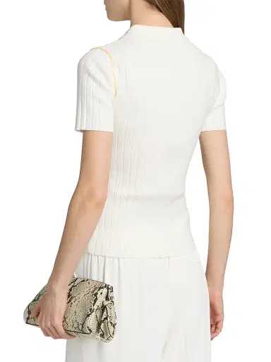 Elie Tahari Women's The Stevie Rib-Knit Polo Shirt - Sky White With Golden Hour | Thumbnail 5 Elie Tahari Women's The Stevie Rib-Knit Polo Shirt - Sky White With Golden Hour | Thumbnail 5