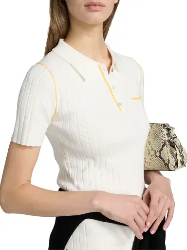 Elie Tahari Women's The Stevie Rib-Knit Polo Shirt - Sky White With Golden Hour | Thumbnail 6 Elie Tahari Women's The Stevie Rib-Knit Polo Shirt - Sky White With Golden Hour | Thumbnail 6