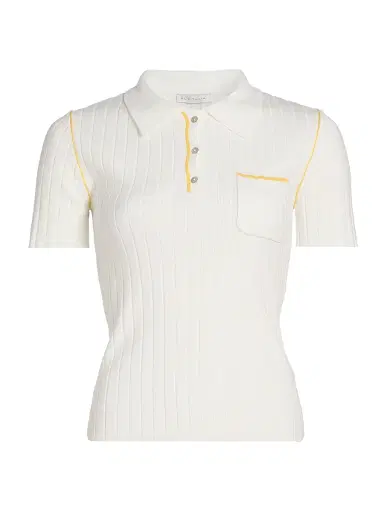 Elie Tahari Women's The Stevie Rib-Knit Polo Shirt - Sky White With Golden Hour | Thumbnail 1 Elie Tahari Women's The Stevie Rib-Knit Polo Shirt - Sky White With Golden Hour | Thumbnail 1