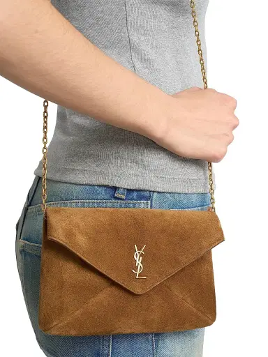 Saint Laurent Women's Cassandre Chain Pouch in Suede - Caramel Cognac | Thumbnail 3