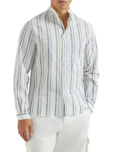 Brunello Cucinelli Men's Ethnic Stripe Seersucker Easy Fit Shirt with Mandarin Collar | Thumbnail 2 Brunello Cucinelli Men's Ethnic Stripe Seersucker Easy Fit Shirt with Mandarin Collar | Thumbnail 2