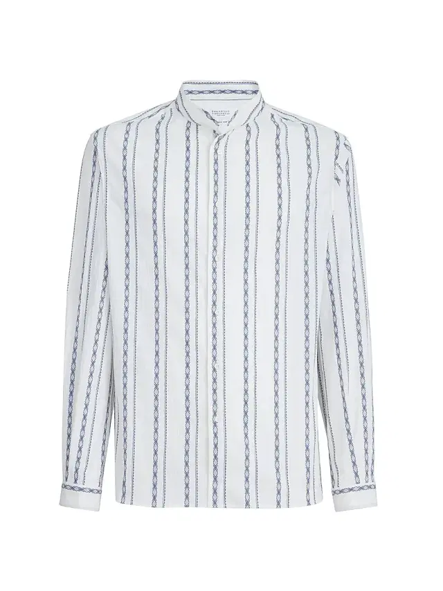 Men's Ethnic Stripe Seersucker Easy Fit Shirt with Mandarin Collar - White