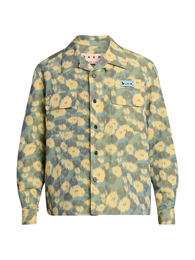 Men's Floral Linen-Blend Shirt Jacket - Cobalt