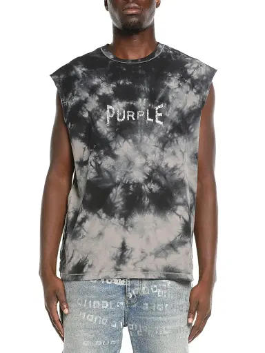Purple Brand Men's Logo Tie-Dye Cotton Sleeveless T-Shirt - Grey | Thumbnail 1