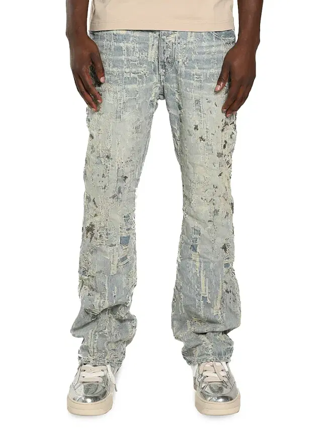 Men's D-Bead Destroy Splatter Distressed Jeans - Light Indigo