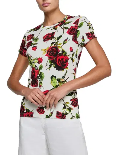 L'AGENCE Women's Ressi Romantic Rose Printed Crewneck T-Shirt - White Red Romantic Rose | Thumbnail 2
