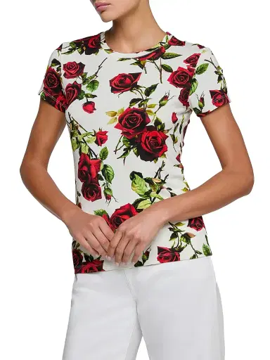 L'AGENCE Women's Ressi Romantic Rose Printed Crewneck T-Shirt - White Red Romantic Rose | Thumbnail 3