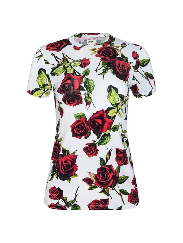 Women's Ressi Romantic Rose Printed Crewneck T-Shirt - White Red Romantic Rose
