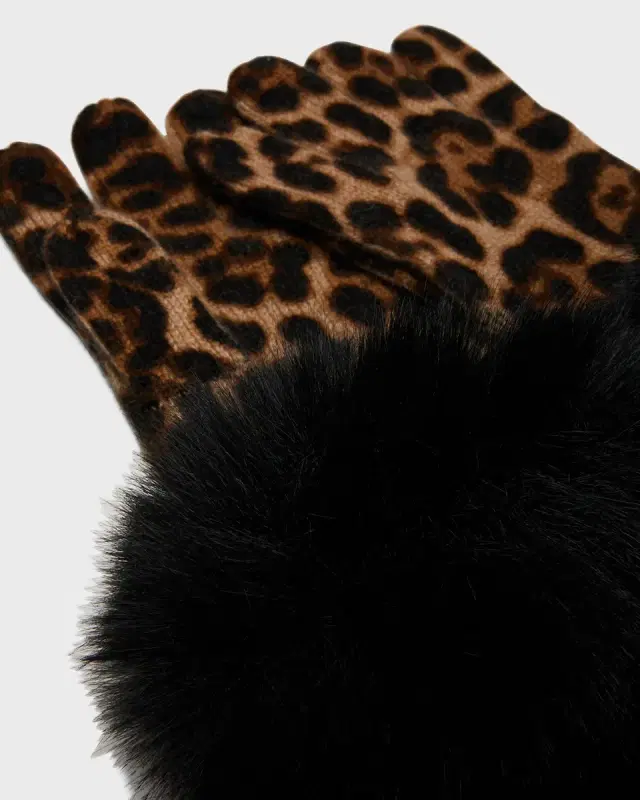 Sofia Cashmere Leopard Print Cashmere Gloves w/ Faux Fur Cuffs