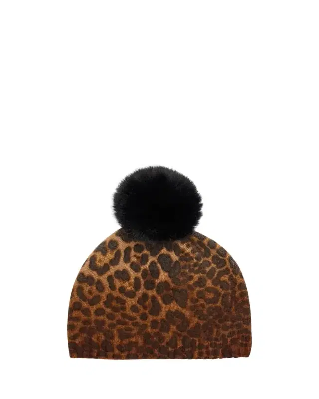 Sofia Cashmere Leopard Print Cashmere & Faux Fur Pom Beanie