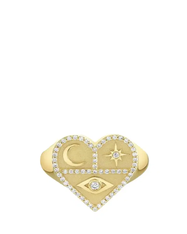 14K Yellow Gold Heart Icons Signet Ring with Diamonds