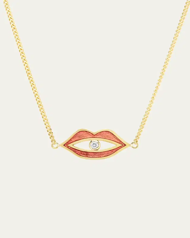 Audrey C. Jewels 18K Yellow Gold Red Guilloche Enamel and Diamond Lips Necklace