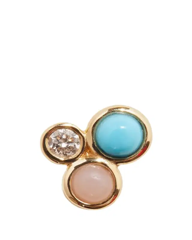 PAMELA LOVE 14k Yellow Gold, Pink Opal, Turquoise, and Diamond Bezel Set Trio Stud Earring
