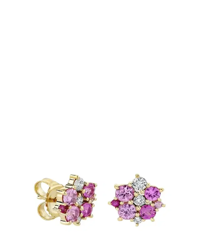14k Diamond and Pink Sapphire Disc Stud Earrings