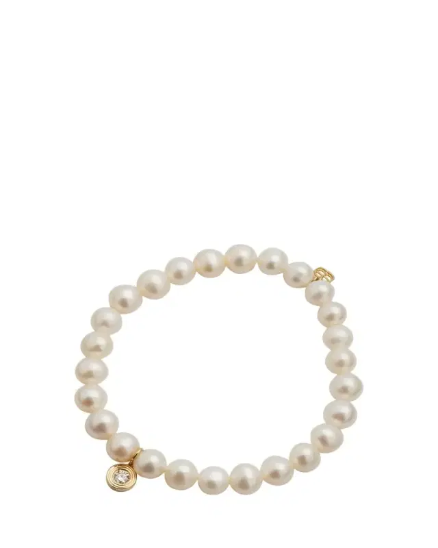 14k Gold Pearl Beaded Bracelet with Diamond Charm