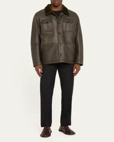 Kiton Men's Leather Shearling-Collar Shirt Jacket | Thumbnail 2