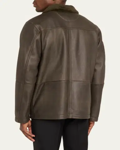 Kiton Men's Leather Shearling-Collar Shirt Jacket | Thumbnail 3