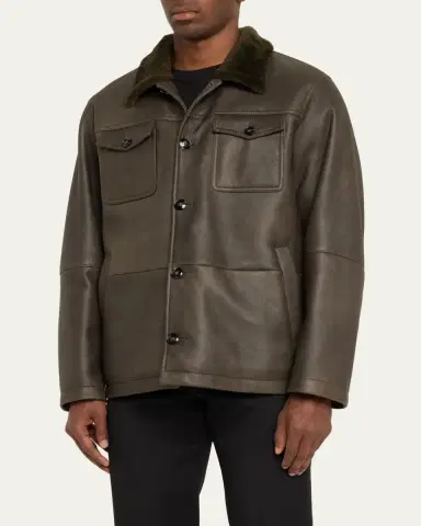 Kiton Men's Leather Shearling-Collar Shirt Jacket | Thumbnail 4