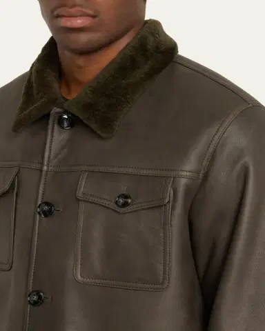 Kiton Men's Leather Shearling-Collar Shirt Jacket | Thumbnail 5