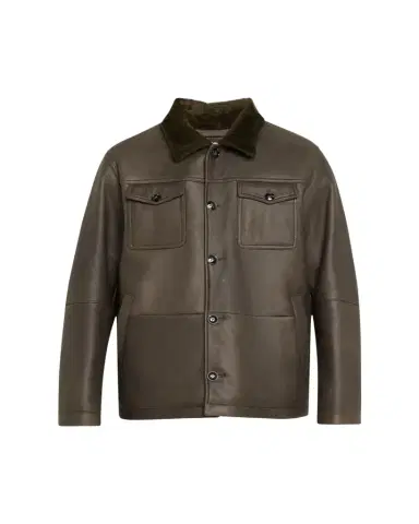 Kiton Men's Leather Shearling-Collar Shirt Jacket | Thumbnail 1