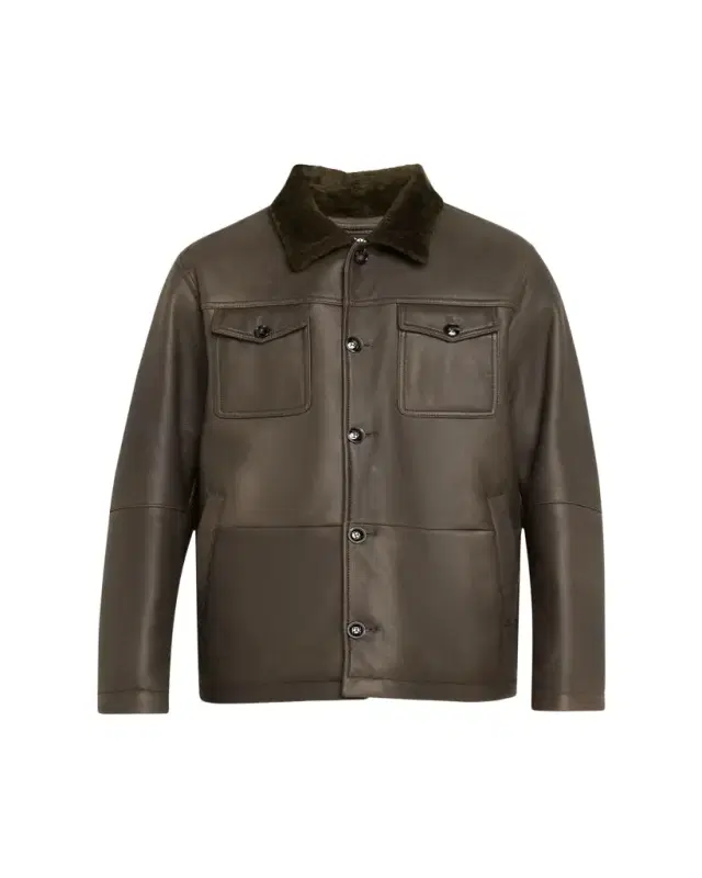 Men's Leather Shearling-Collar Shirt Jacket