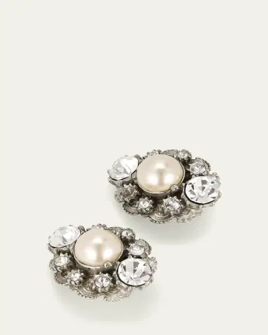 Ben-Amun Silver Crystal Oval Clip On Earrings with Pearly Center | Thumbnail 3
