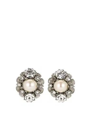 Ben-Amun Silver Crystal Oval Clip On Earrings with Pearly Center | Thumbnail 1