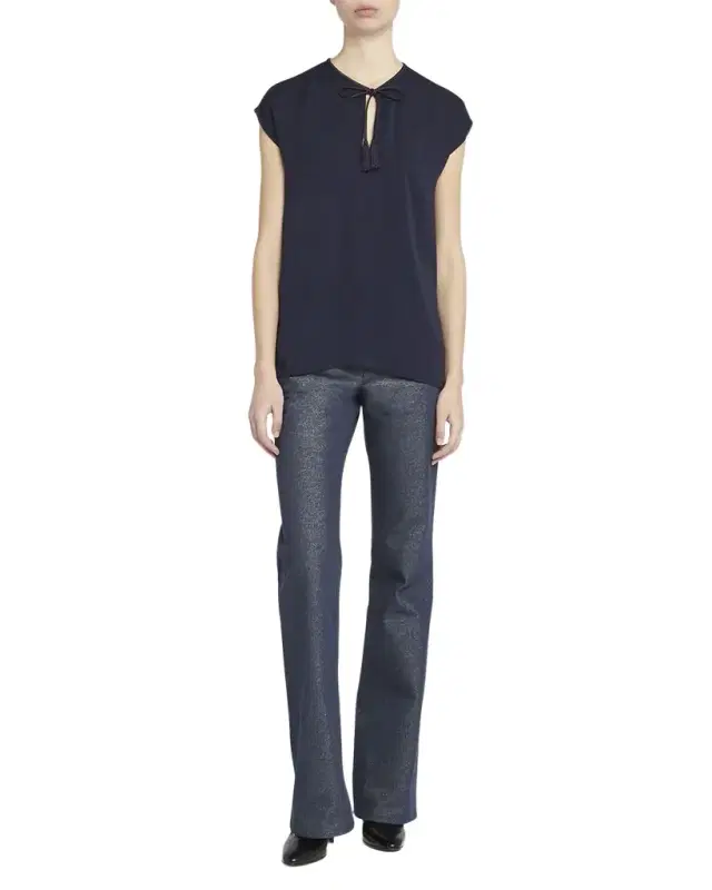 Silk Georgette Blouse with Fringe Tie Neck Detail
