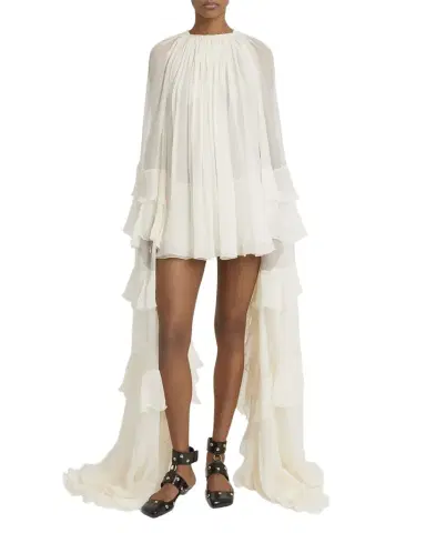 Chloé Draped Ruffle Sleeve Silk Mousseline Ruffle Mini Dress | Thumbnail 1 Chloé Draped Ruffle Sleeve Silk Mousseline Ruffle Mini Dress | Thumbnail 1