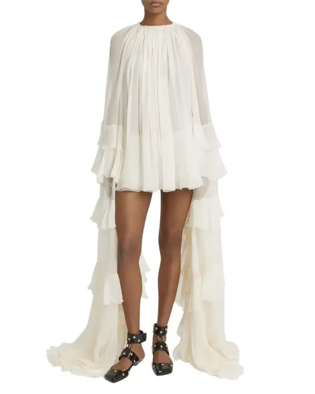 Draped Ruffle Sleeve Silk Mousseline Ruffle Mini Dress