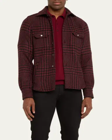 Kiton Men's Bordeaux Cashmere Plaid Shirt Jacket | Thumbnail 4