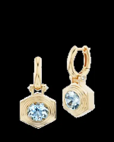 Harwell Godfrey 18K Yellow Gold Hexed Drop Huggie Earrings with Diamonds and Aquamarine | Thumbnail 2 Harwell Godfrey 18K Yellow Gold Hexed Drop Huggie Earrings with Diamonds and Aquamarine | Thumbnail 2