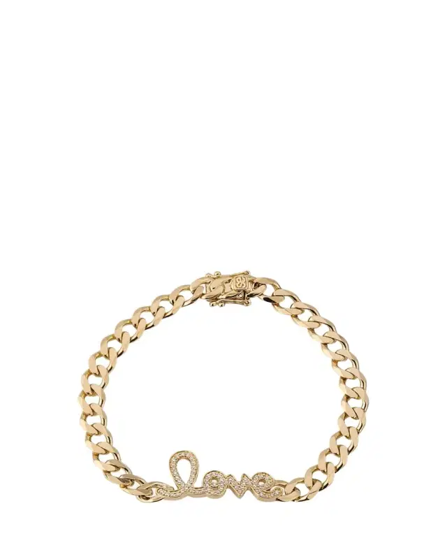14K Yellow Gold and Diamond Love Script Curb Link Chain Bracelet