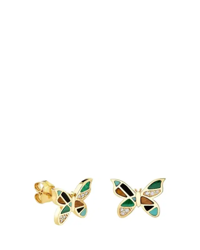 14K Yellow Gold Gemstone and Diamond Mosaic Butterfly Stud Earrings
