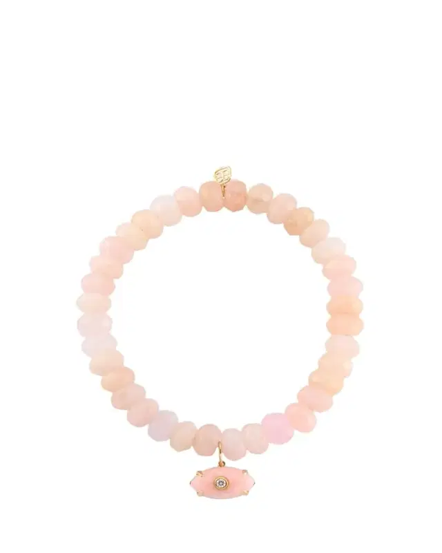 14K Carved Pink Opal and Diamond Bezel Evil Eye on Morganite Stretch Bracelet 14K Carved Pink Opal and Diamond Bezel Evil Eye on Morganite Stretch Bracelet