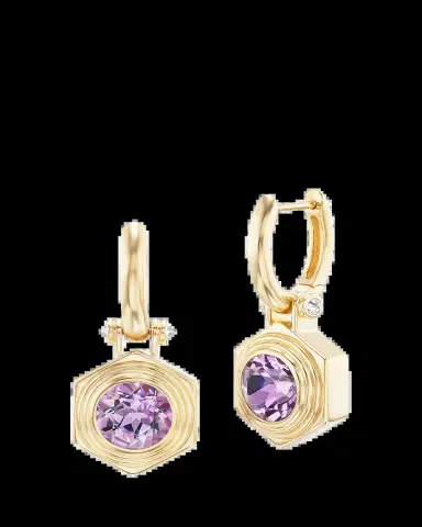 Harwell Godfrey 18K Yellow Gold Hexed Drop Huggie Earrings with Diamonds and Amethyst | Thumbnail 2 Harwell Godfrey 18K Yellow Gold Hexed Drop Huggie Earrings with Diamonds and Amethyst | Thumbnail 2